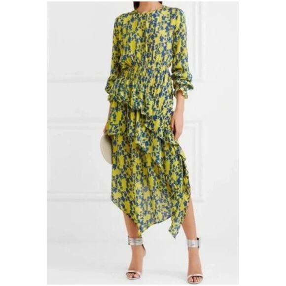 Preen Line Womens Eden Asymmetric Midi Dress Small Green Floral Crepe Feminine - Picture 1 of 11